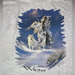 Vintage Rare Native American Alaskan Horse Wolf winter grey graphic t shirt XL